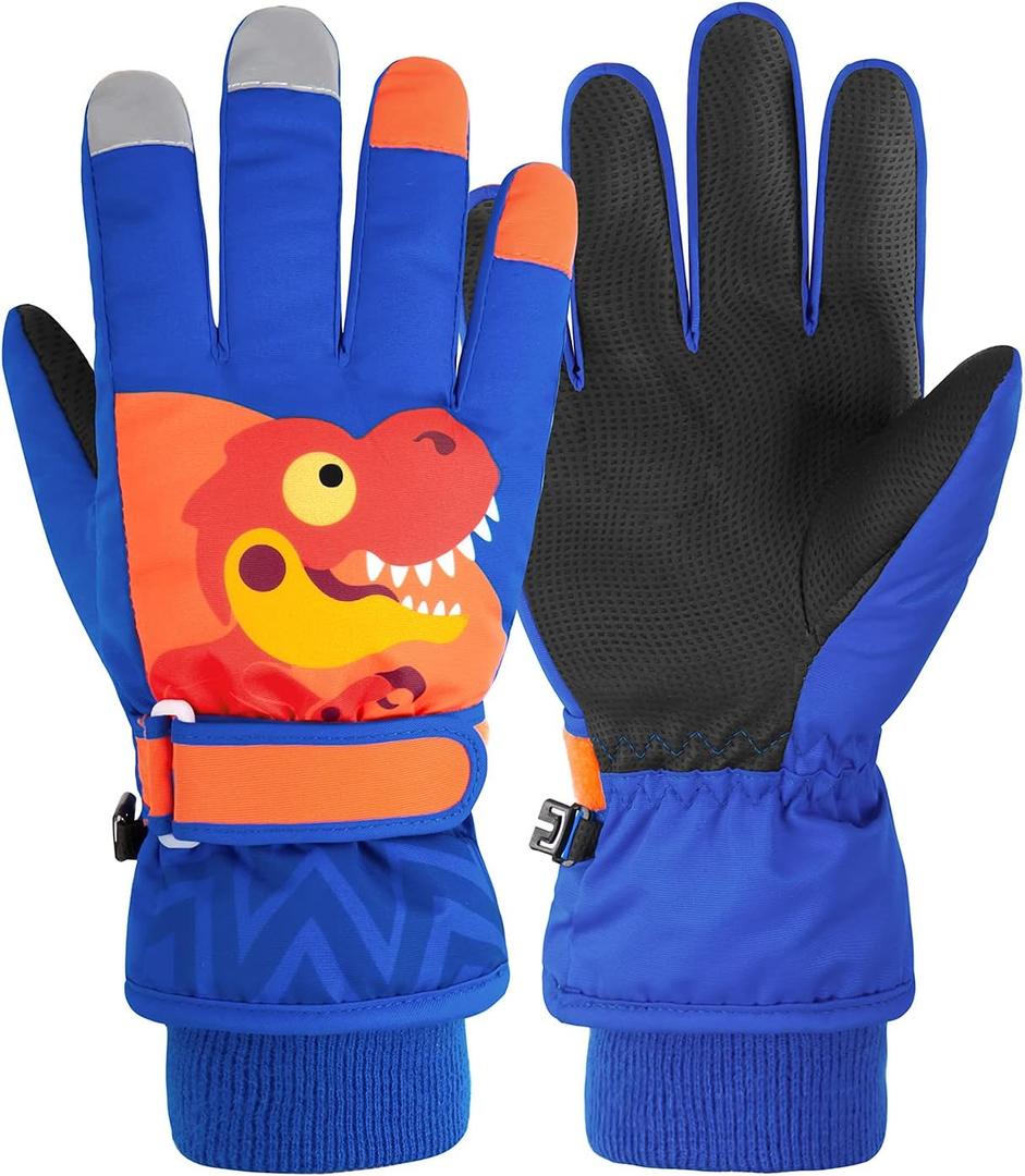 Kids Winter Gloves Waterproof Girls Boys Ski Gloves Warm Snow Gloves Toddler Finger Gloves Mittens Royal Blue Dinosaur S
