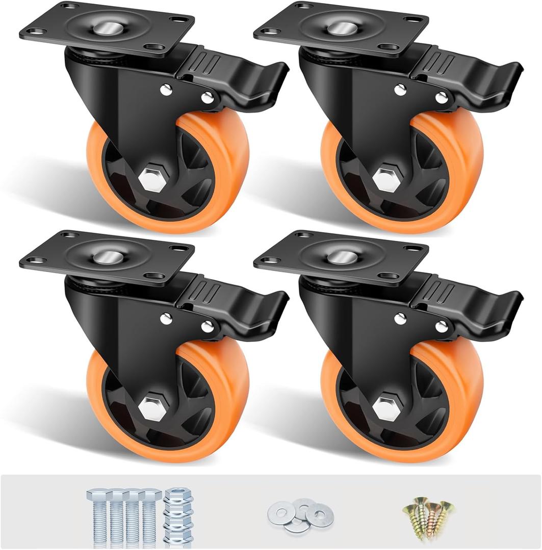 4" Caster Wheels Set of 4, Heavy Duty Casters with Brake, No Noise Locking Casters with Orange Polyurethane (PU) Wheels, Swivel Plate Castors Pack of 4