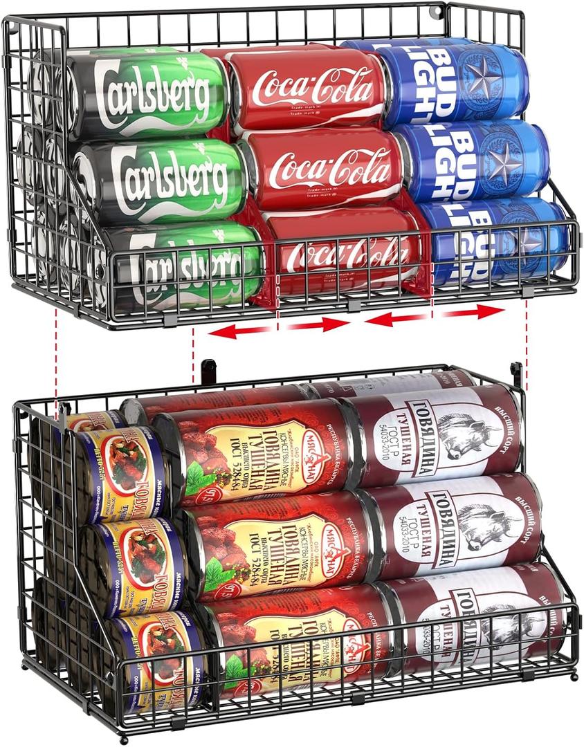 Stackable Can Organizer for Pantry,2 Tier Soda Can Organizer with 4 Adjustable Dividers Holds 42 Cans,Can Storage Rack Holder for Canned Goods,Can Dispenser for Refrigerator,Fridge,Countertop,2 Pack (2 Pack Widen With Dividers, Black)
