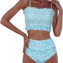 RXRXCOCO Womens Shirred Bandeau Bikini Cute Two Piece Swimsuit Off Shoulder High Waist Bathing Suit (Blue) XS