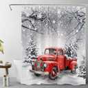 Red Truck Christmas Shower Curtain Decor, Xmas Wreath and Pine Tree on Retro Truck Winter Snow Shower Curtain for Bathroom 72x60 Inch Polyester Fabric Bathroom Decoration Bath Curtains Hooks Included