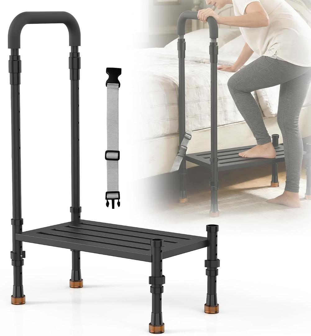 Wide Step Stool with Handle for Elderly Heavy Duty 800lbs Capacity, Bed Step with Handrail, Adjustable Platform Height (5.9-7.8 in) & Handrail (32-40 in) for Bed, Car SUV & Bathroom SafetyBlack