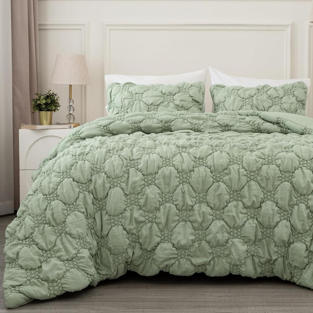 PHF Marshmallow Puff Comforter Set King Size, 3 Pieces Ultra Soft Lightweight Bedding Set for All Season, Pattern Textured 1 Comforter with 2 Pillow Shams, Sage Green
