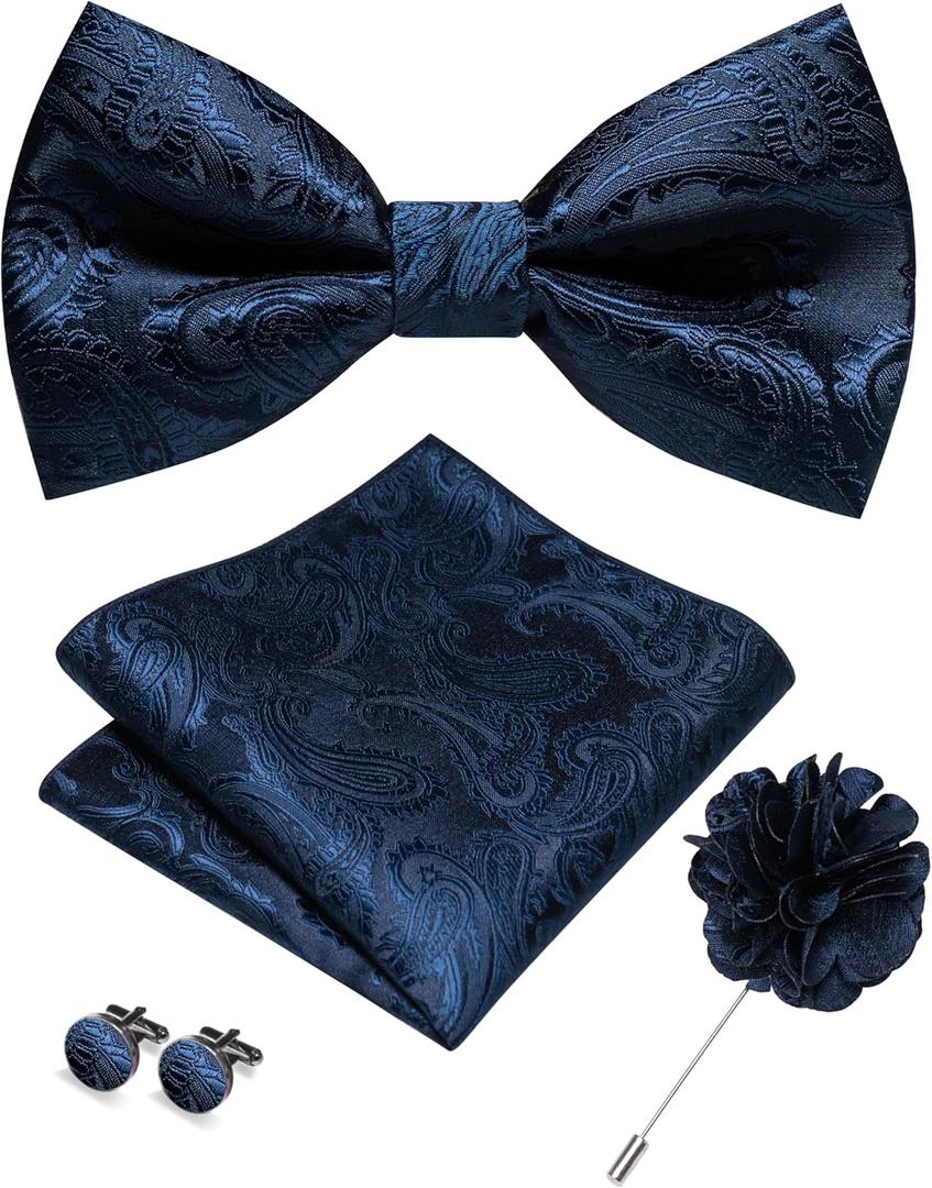 RBOCOTT Paisley Bow Tie and Pocket Sqaure Set with Lapel Pin and Cufflinks for Men (Navy Blue)
