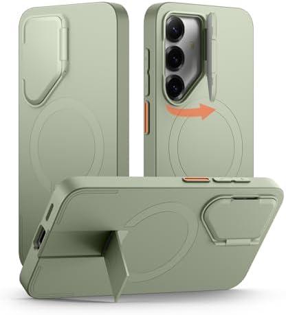 SURITCH for Samsung Galaxy S25 Phone Case, Magnetic Shockproof Bumper Case Slim Protective Cover with Camera Cover & Adjustable Metal Kickstand for Galaxy S25 (2025)-Sage Green