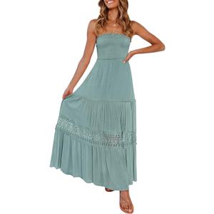 ZESICA Women's 2026 Summer Boho Maxi Dresses Strapless Off Shoulder Lace Flowy A Line Beach Vacation Long Sundress Sage, Large