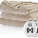 Sunbeam Electric Royal Luxe Microplush Heated Blanket 12 Heat Settings, 12-Hour Selectable Auto Shut-Off, Fast Heating, Warm and Cozy, Sandstone Color, Queen, 90" x 84"