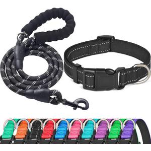 Ladoogo Reflective Dog Collar Padded with Soft Neoprene Breathable Adjustable Nylon Dog Collars for Dogs (Large (Pack of 1), Black Collar+Leash)