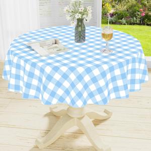 misaya Round Waterproof Vinyl Table Cloth, Buffalo Flannel Backed Tablecloth, Wipeable Plastic Table Cover for Dinner, Kitchen, Picnic (60", Baby Blue and White)