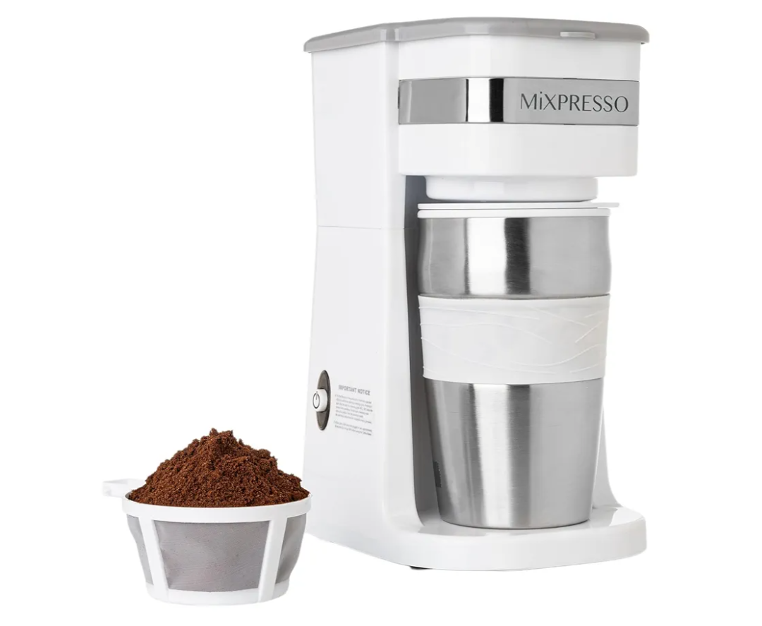 Mixpresso White Personal Single Serve Coffee Maker & 14oz Travel Mug, Drip Small Coffee Maker & Tumbler, Auto Shut Off & Reusable Filter, Compatible with Coffee Grounds