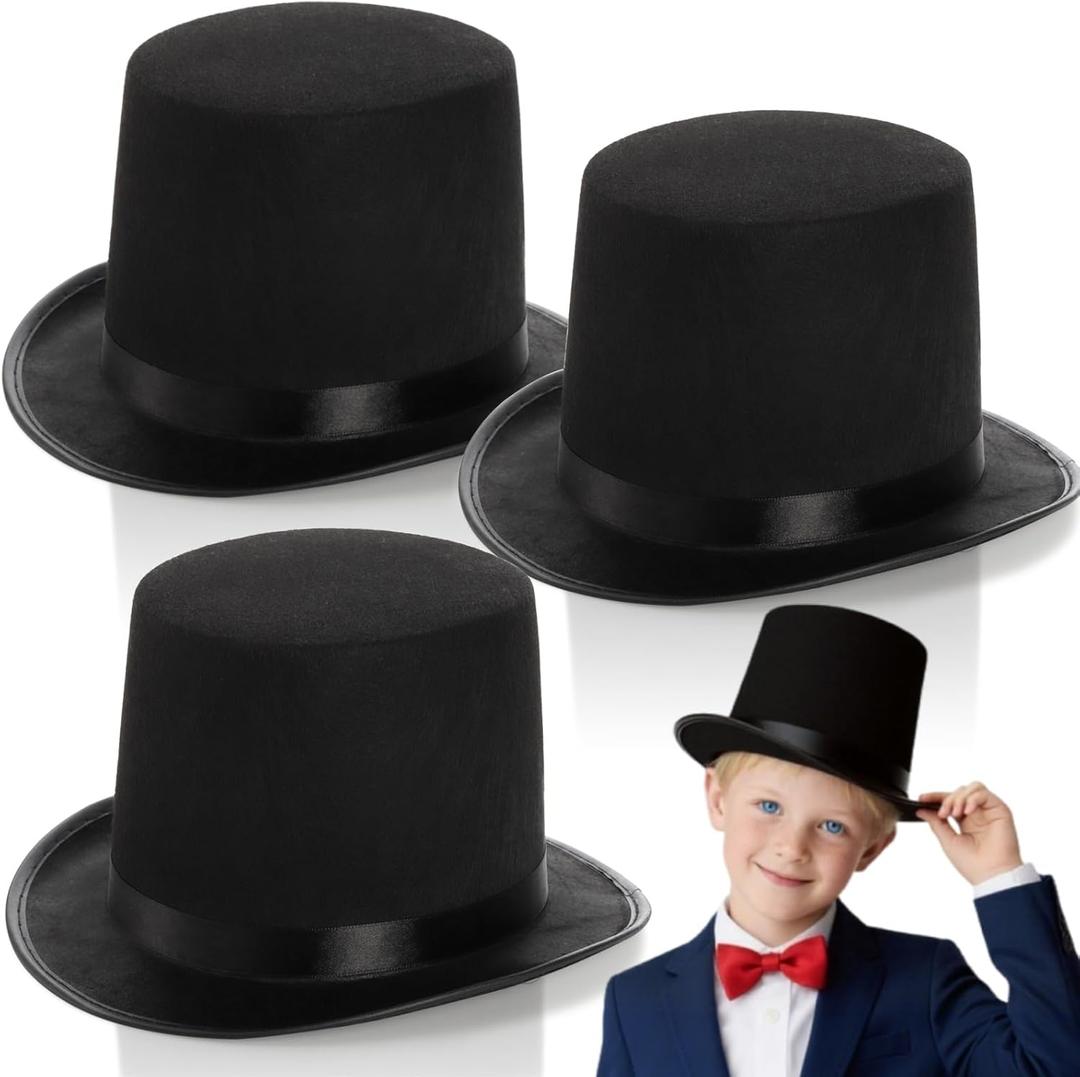 Pumtus 3 Pack Black Felt Top Hats for Kids, Funny Party Hat, Tall Victorian Tuxedo Costume Hats, Dress Up Hat, Coachman Hats for Cosplay, Stage Performance