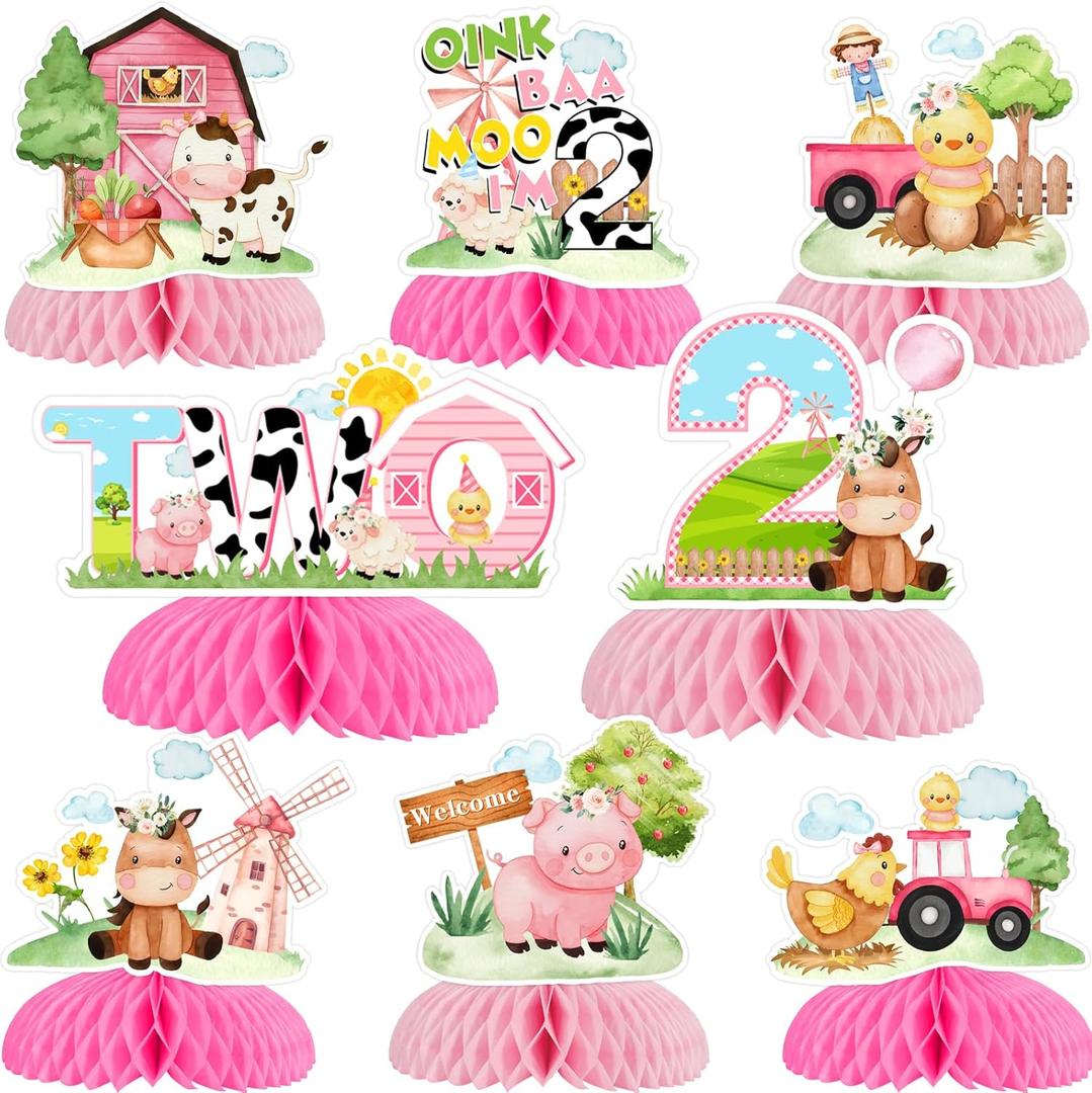 Farm Animal 2nd Birthday Party Decorations Girl - 8PCS Farm Animal Honeycomb Centerpieces, Pink Barnyard Birthday Decorations, Barn Animal 2 Years Old Birthday Party Decorations