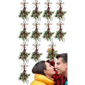 Knitgrip 12 Pcs Christmas Mistletoe Decor Artificial Mistletoe Picks Snowy Berry Branches 8.66 Inch Hanging Ornament Glitter Rustic Christmas Tree Decorations