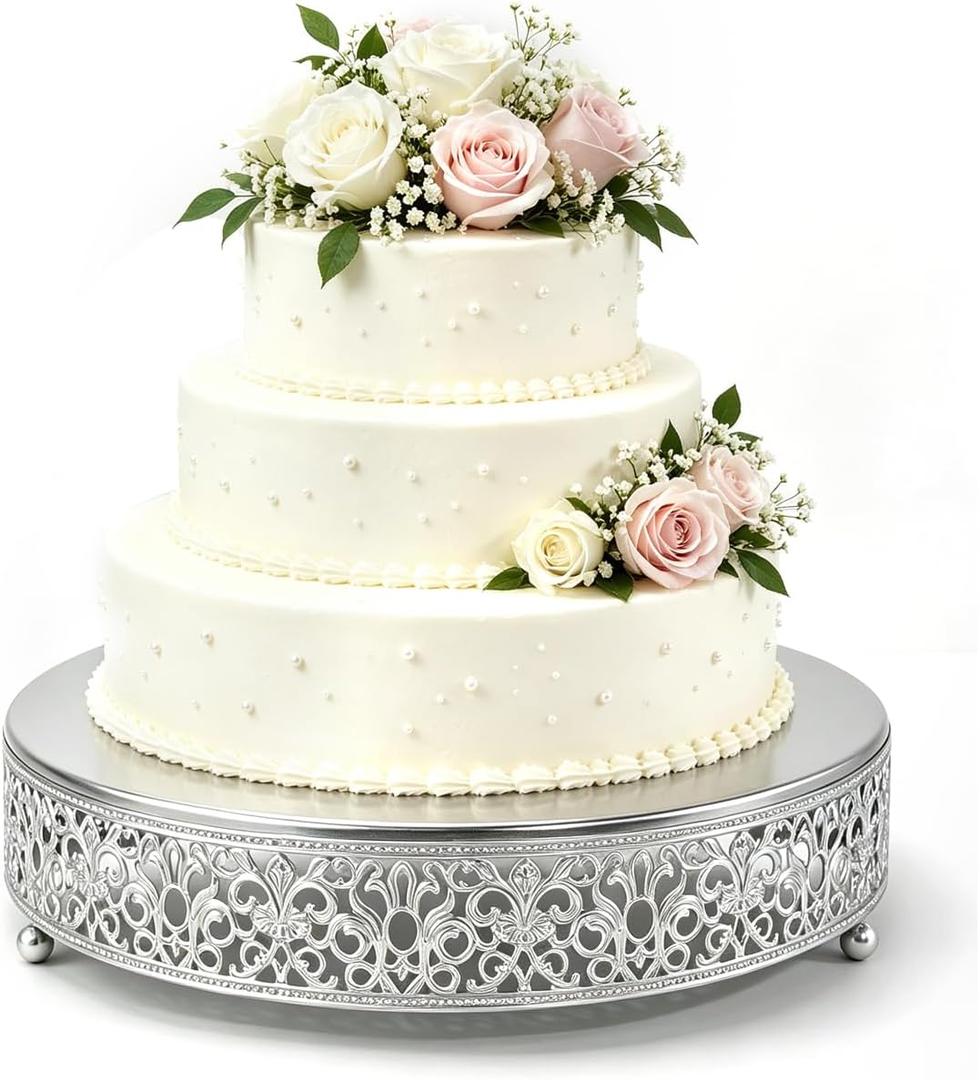 Cake Stand, Metal Round Cupcake Dessert Stand Cake Display Holder Cookies Fruit Serving Tray Decor for Wedding Party Birthday Baby Showers Anniversary (14 in, Matte Silver)