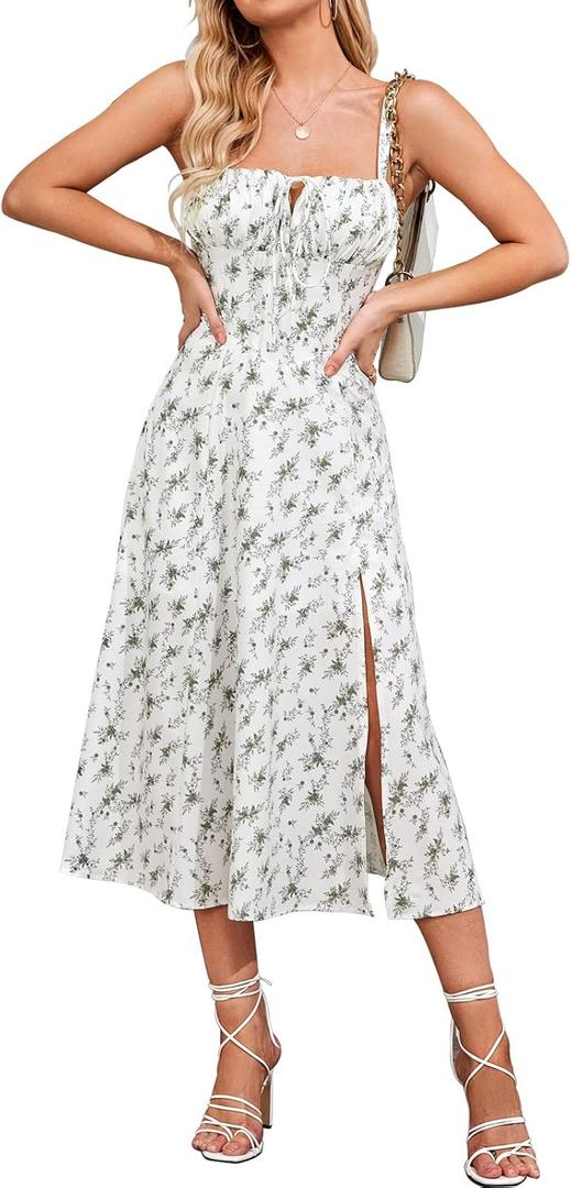 Women Summer Corset Midi Dress 2026 Floral Wedding Guest Flowy Slit Lace Up Dresses Tea Party A Line Casual Milkmaid Sundress (White, XXL)