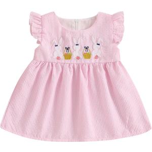 4th of July Baby Girl Outfit Letter Bow Smocked Dress Fly Sleeve A-Line Princess Dress Cute Independence Day Clothes (Pink), Size 80