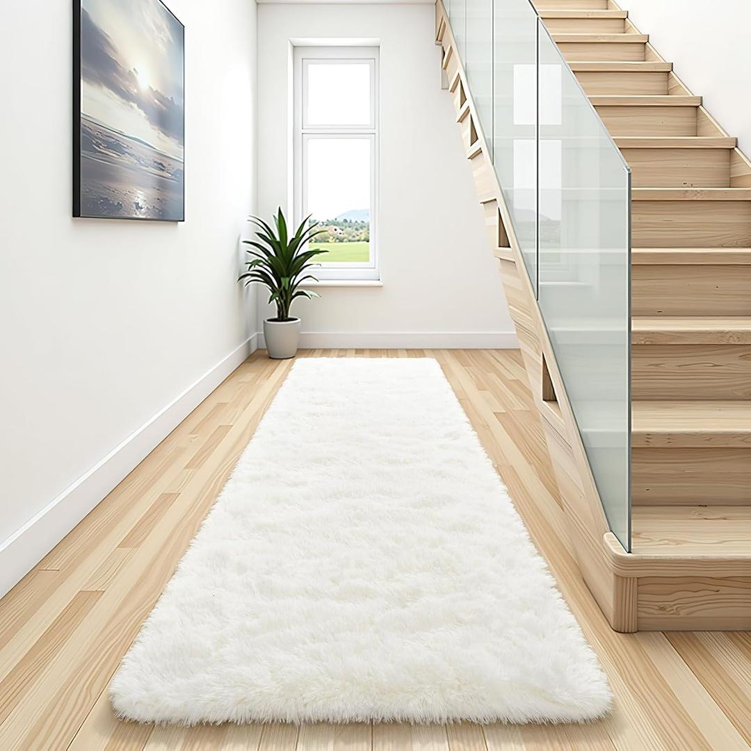 BENRON Soft Runner Rugs for Bedroom 2x10, Washable Long Runners for Hallway Entryway Kitchen Dorm, Fluffy Throw Rug for Kids Girls Room Decor Photo Prop, Cream White