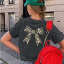 RoseSeek Girl's Bow Leopard Graphic Tees Short Sleeve Preppy Summer T Shirt Aesthetic Baggy Tops,10Y