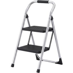 2 Step Ladder for Kitchen Step Stool, Lightweight Folding Step Stool with Curved Safety Handrail, Auto-Lock Mechanism & Non-Slip Wide Pedals, Slim&Foldable for Home Indoor（Sliver）