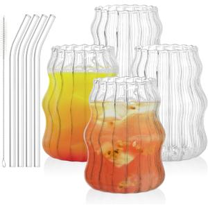 Tebery 4 Pack Ribbed Aesthetic Glass Cups with Glass Straw, 16Oz Vintage Drinking Glassware Ripple Cocktail Glasses for Iced Coffee Juice Beverage Milk RibbedGlassCups 