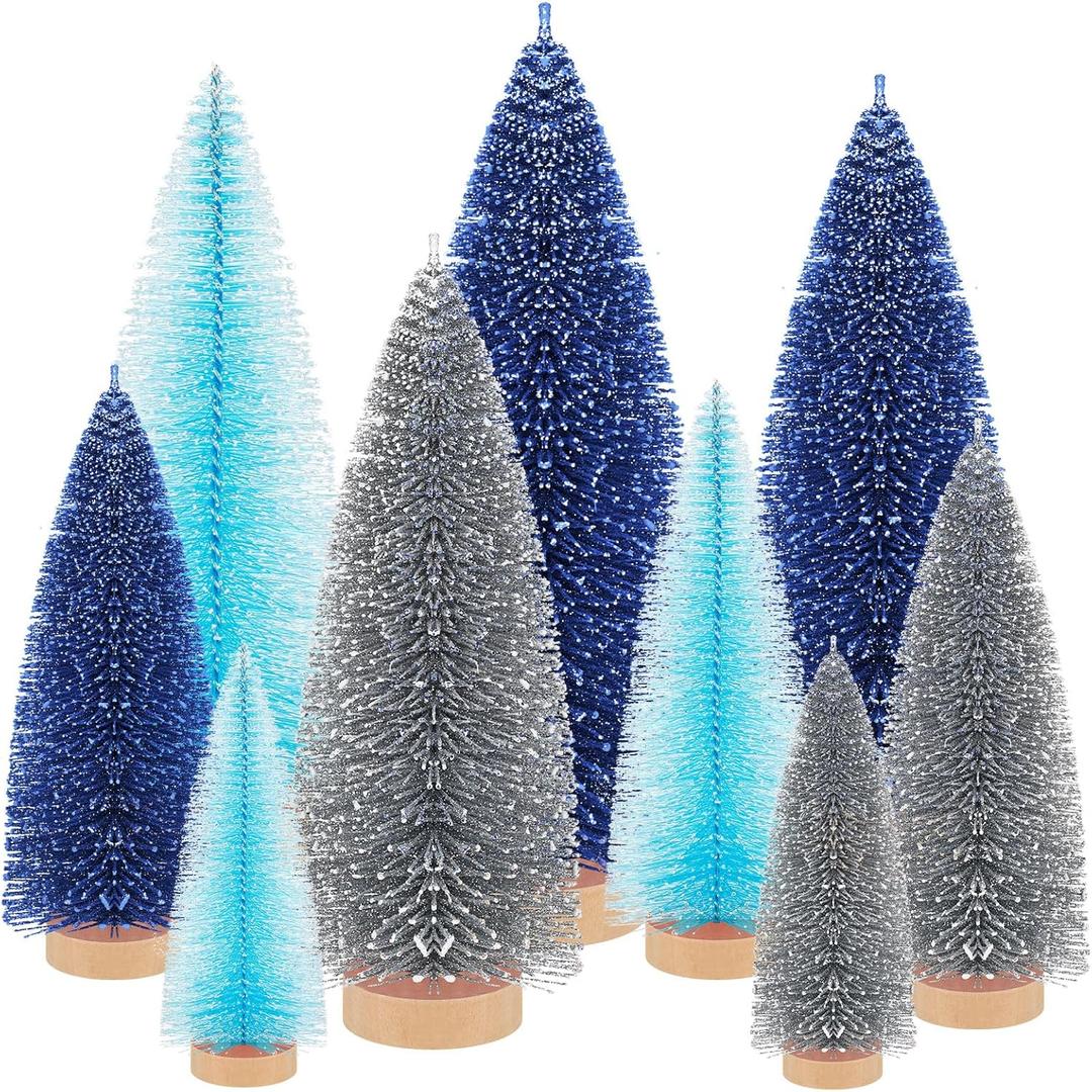 Leyndo 9 Pcs Blue Classic Artificial Mini Christmas Tree Sisal Bottle Brush Trees with Wood Base Christmas Pine Trees for Autumn Winter Holiday Home Kitchen Party Decor