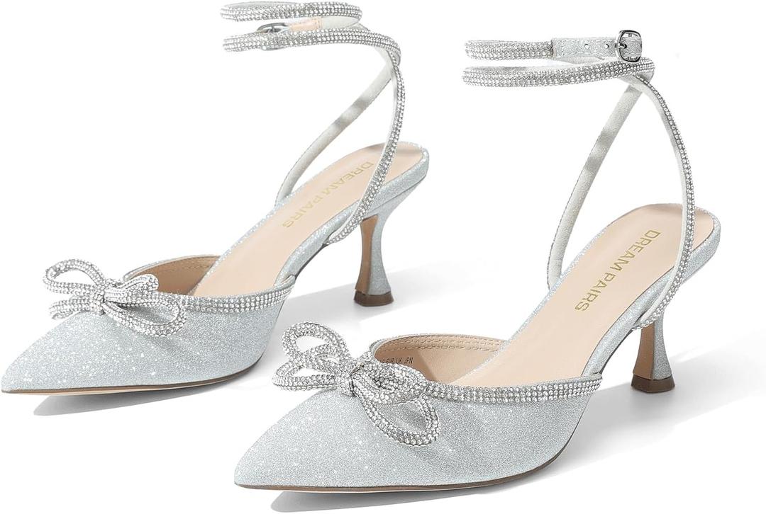 DREAM PAIRS Kitten Heels Rhinestone Bow Ankle Strap Stiletto Pointed Closed Toe Heels for Women Pumps Wedding Bridal Party Dress Shoes (8, Silver)