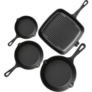 Pre-Seasoned Cast Iron skillets,4 Piece Durable Pots and Pans Set with Handle Covers for Grill, BBQ, Camping Fire, Stovetop, Kitchen and Camping Cookware