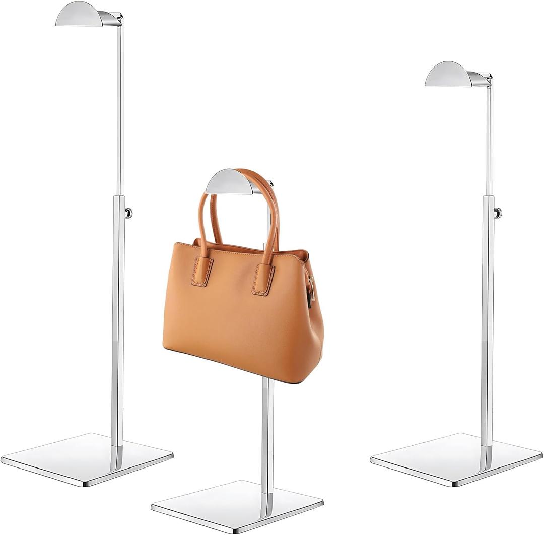 3 Pack Purse Display Stand, Adjustable Height Handbag Holder Stand with Sturdy Anti-slip Base, Stainless Steel Metal Table Bag Rack for Closet, Boutique, Retail Vendor Commercial Store,Silver