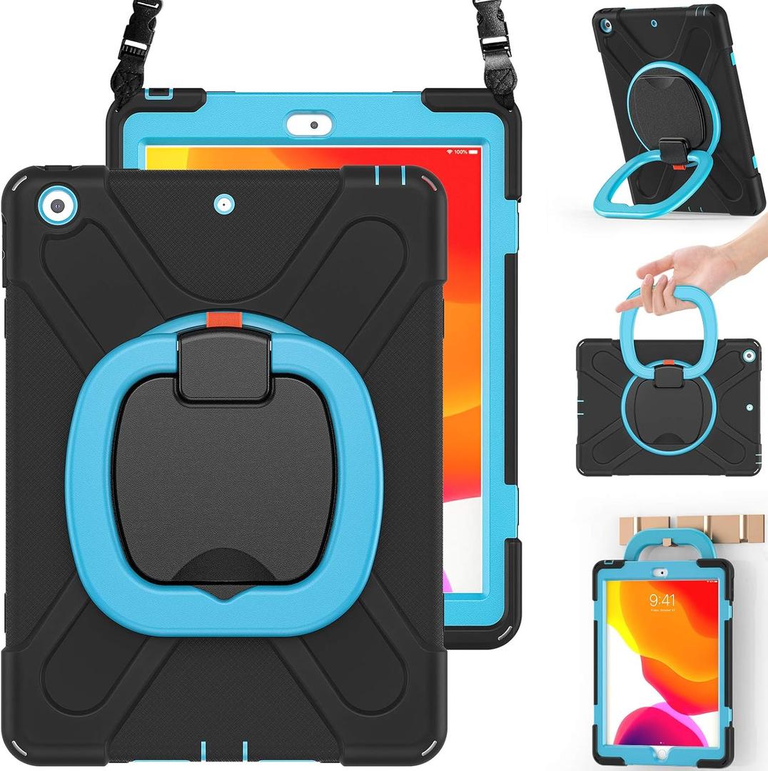 BRAECN Case for iPad 9/8/7 Generation,Hybrid Shockproof Case with Pencil/Pencil Cap Holder, Handle Grip, Kickstand, Strap, Screen Protector for iPad 10.2 9th/8th 7th Gen 2021/2020/2019-Black+Blue