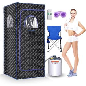 Portable Sauna Box,Steam Sauna Tent for Home Spa,Large Space Personal Home Sauna Tent Full Body with 3 L 1100 w Steamer,Chair,Foot Massager,Remote Control Included (Black)