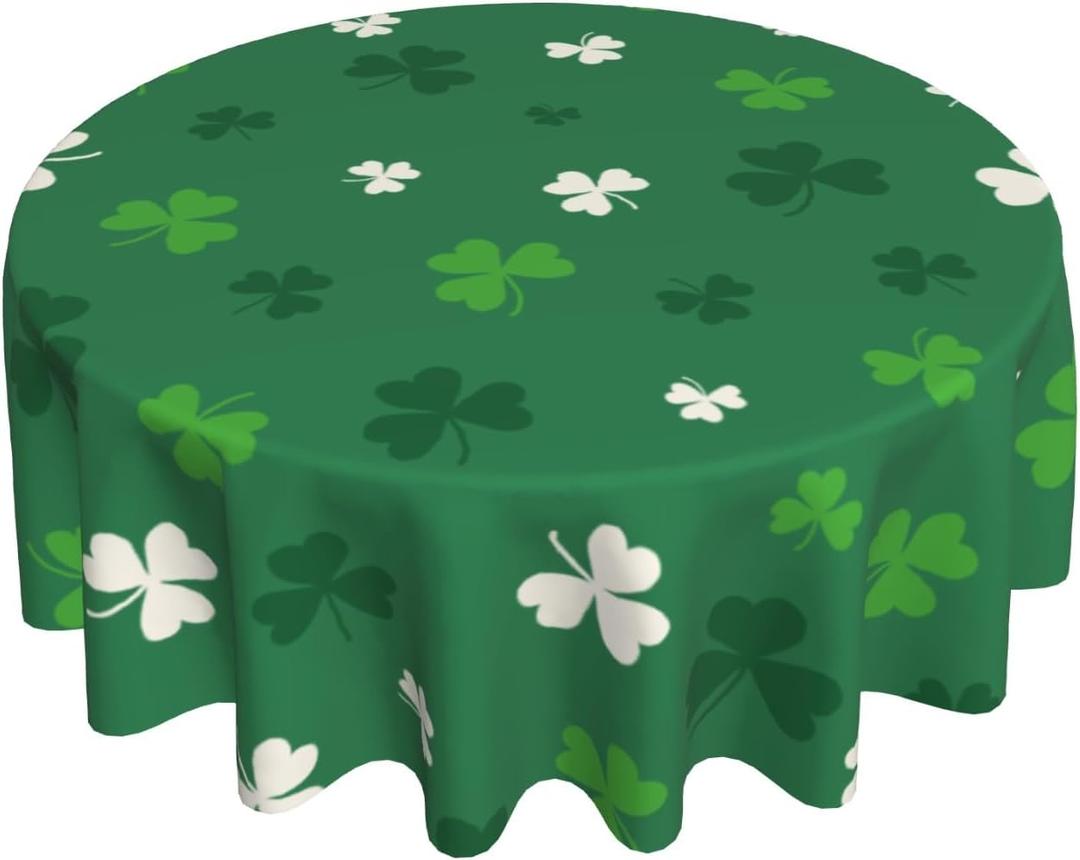 St Patricks Day Tablecloth 60 Inch Round Green White Shamrocks Holiday Table Cloth Water-Resistant Spill-Proof Washable Fabric Table Cover for Kitchen Dining Party Picnic Indoor Outdoor