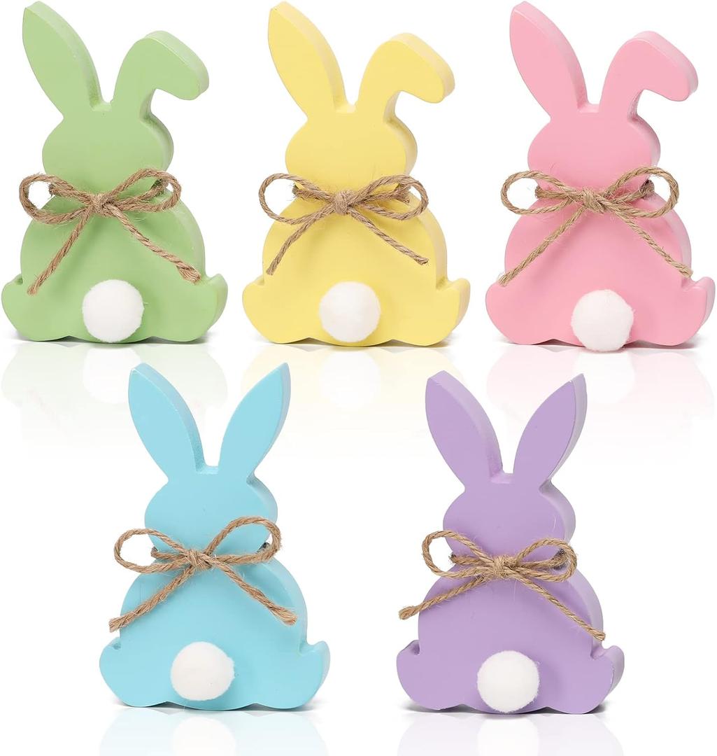 Easter Decorations, 5pcs Wooden Easter Bunny Table Sign with Jute Rope, Easter Wood Tiered Tray Decor Freestanding Easter Table Decorations