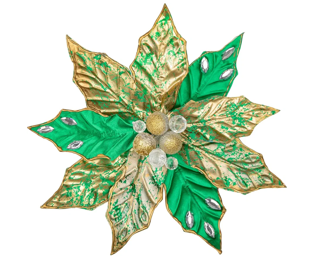 Hollyone 3PCS Poinsettia Christmas Flowers Artificial 11" Large Green and Gold Glitter Poinsettia Flowers Christmas Tree Ornament Floral Picks for Tree Wreath Garland Vase Table Centerpiece Home Decor