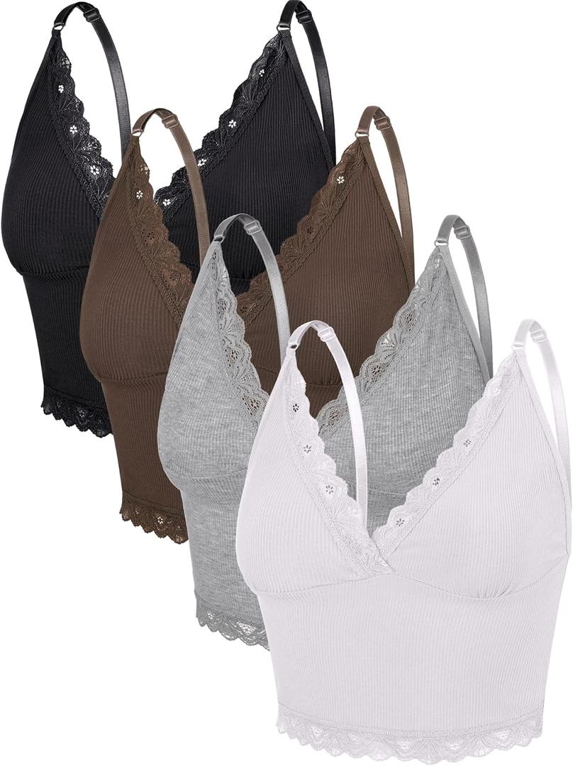 4 Pcs Women's Sleeveless Cami Crop Top Camisole Lace Trim V Neck Spaghetti Strap Tank Tops for Women Girl Ribbed Rave Clothes (Black, White, Light Gray and Coffee, S)