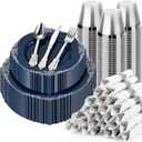 Bestluck 350PCS Navy Blue Plates for 50 Guests, Disposable Dinnerware Sets Include 100 Plastic Plates, 50 Silverwares, 50 Cups, and 50 Pre Rolled Napkins for Party, Wedding and Graduation
