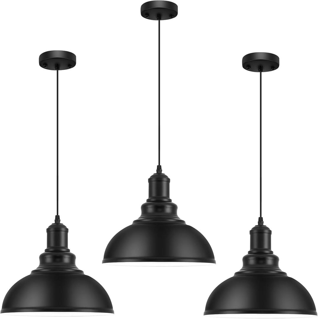 3PCS Matte Black Pendant Lights, Farmhouse Pendant Lamp with Metal Shade (White Inside), Industrial Pendant Lighting for Kitchen Island, Dining Room, Bedroom, Hallway
