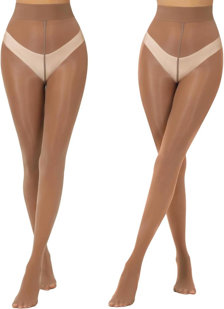 2 Pairs Shiny Pantyhose for Women High Waist Silk Oil Shimmer Sheer Tights (Small-Medium, Brown)