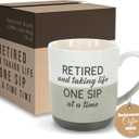 Pavilion Retirement Coffee Mug - "Retired & Taking Life One Sip at a Time" Text Design - Speckled Stoneware Coffee Cup for Retirees, Microwave & Dishwasher Safe, Beige w/ Bronze Metallic Bottom, 15 oz