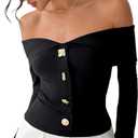 WDIRARA Women's Off The Shoulder T Shirts Metal Button Long Sleeve Tee Going Out Top (Black), XL