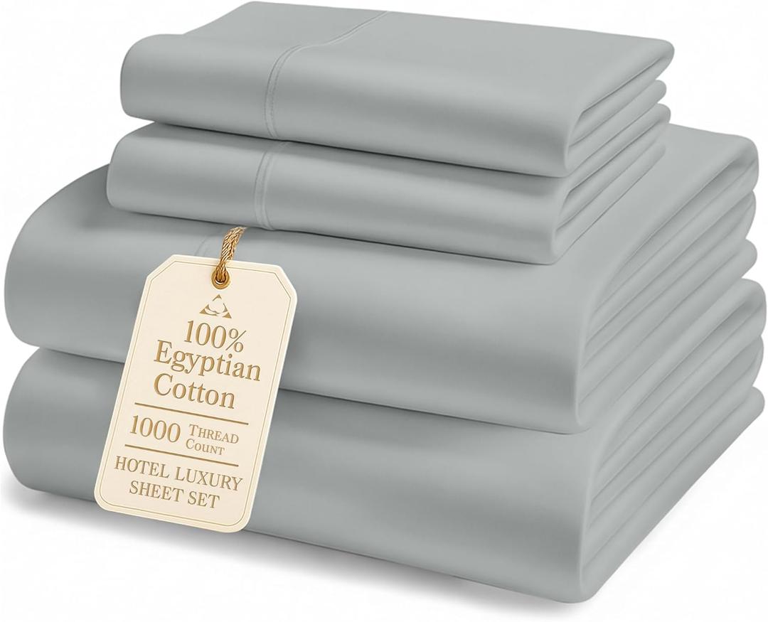 100% Egyptian Cotton Sheets Queen Size Set  1000 Thread Count Silky Sateen Weave Sheets, 15" Secure Fit Deep Pocket Queen Sheet Set, Naturally Breathable, Hotel-Quality Luxury You Can Feel - Silver