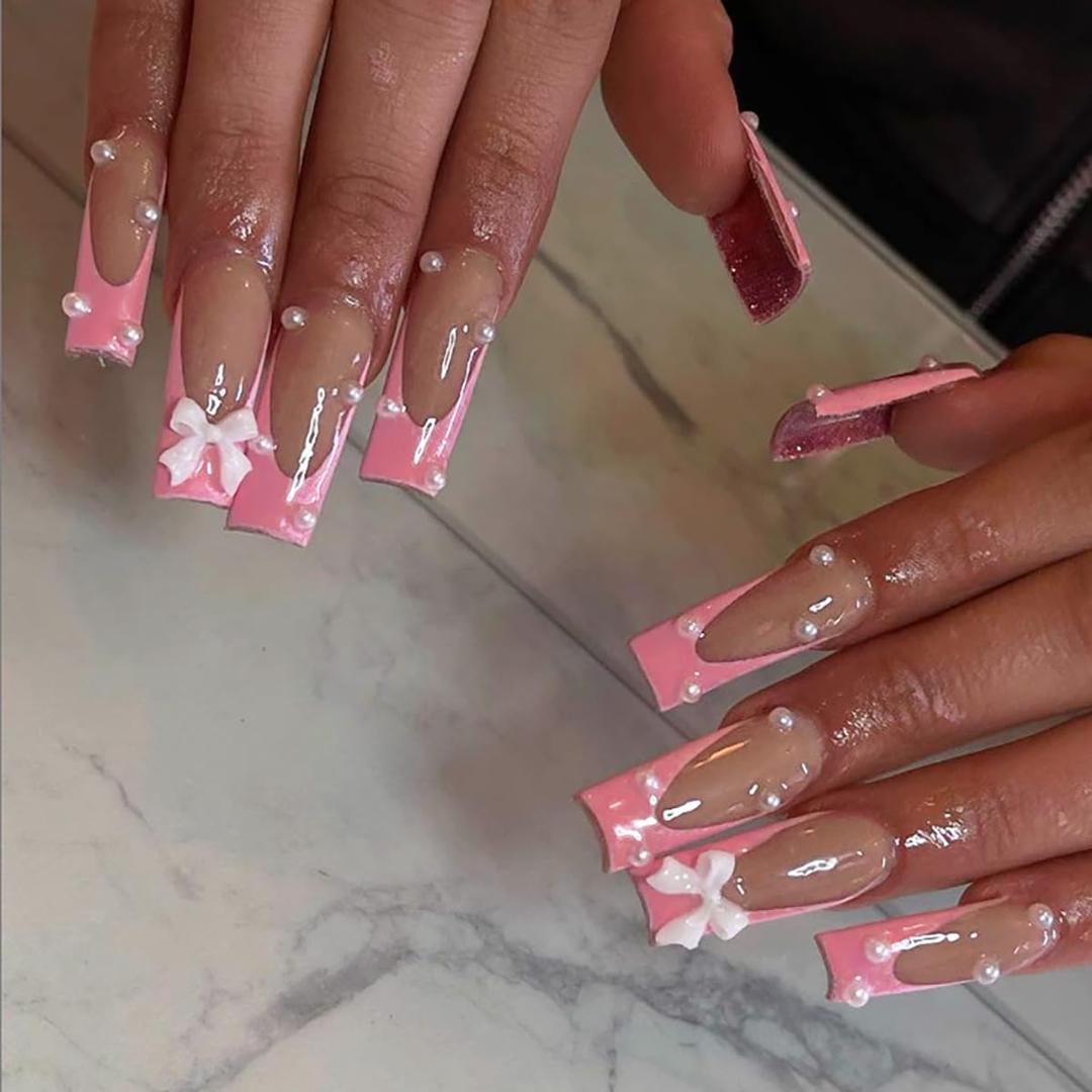 Square Press On Nails Long Fake Nails Bow With Pearls Design French Tip False Nails Cute Glue On Nail Full Cover Stick On Nail For Women Acrylic Manicure Decorations 24pcs