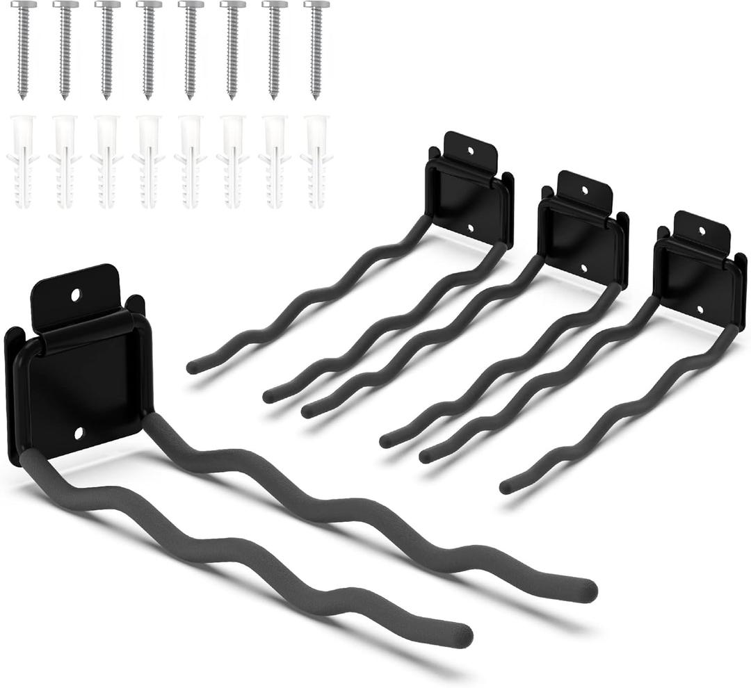 HUHOLE 4 Pack Garage Hooks Heavy Duty  12 Inch Long Wave Wall Mount Hangers for Ladders, Shovels, Chairs & Garden Tools  Steel Utility Organizer for Garage Storage System (60lb Capacity, Black)
