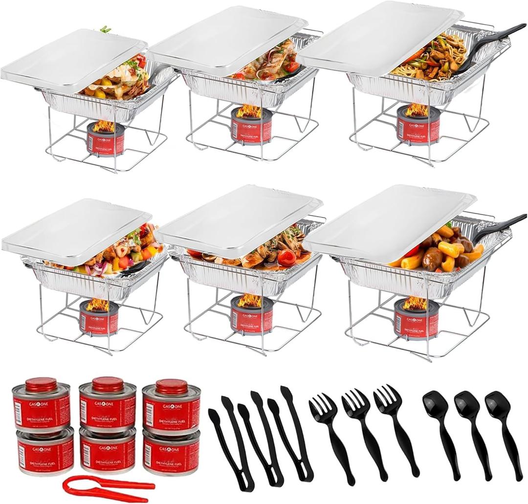 Alpha Living 6 Pack - Disposable Chafing Dish Buffet Set, Half Size Pans, Welded Body Food Warmers for Parties, Fuel Cans Complete Set, Warming Trays (Complete Kit, with Racks)
