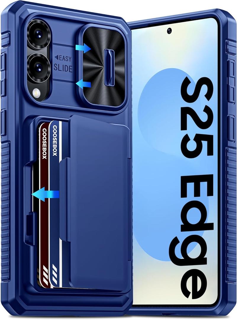 GooseBox for Samsung Galaxy S25 Edge Case Wallet with RFID [Cards Holder][Camera Cover][Edge Raised] Full Body Shockproof Silicone Protective Phone Case for Galaxy S25 Edge 2025 (Blue)