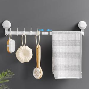LUXEAR Suction Cup Towel Bar, 24 inches Adjustable Towel Rack Holder, No Drill & Removable Bathroom Towel Holder with 5 Sliding Hooks, Wall Mounted Towel Hanger for Shower Room, Kitchen, Door  White