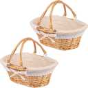2 Pack Medium Size Wicker Basket with Handle, 12.6x9x4.7 inch Wicker Picnic Basket with Liner, Empty Gift Basket, Oval Willow Woven Basket for Fruit, Candy, Gathering, Wedding, Picnic, by,GNIEMCKIN (2 PCS medium natural color)