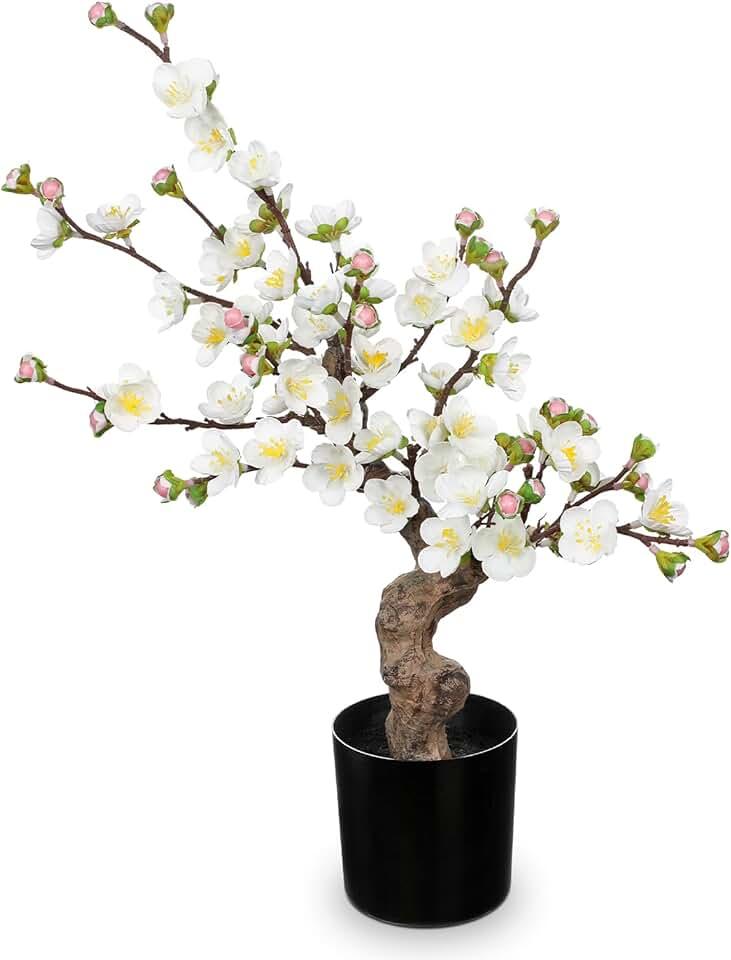 Faux Cherry Blossom Decor White Silk Flowers Arrangement 17.3" Small Cherry Blossom Flowers Tree Realistic Artificial Flowers with Vase Pot Fake Flowers for Home Office Table Centerpiece Wedding Decor
