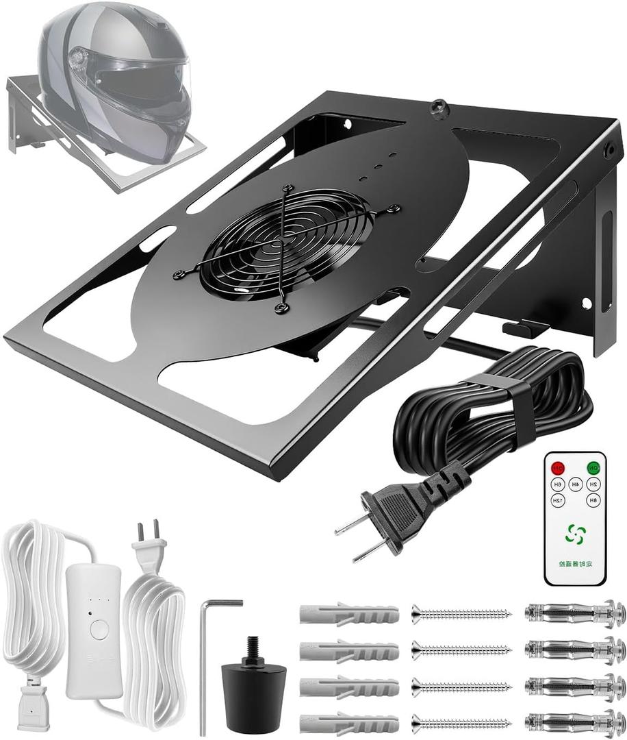 Motorcycle Helmet Dryer Holder with Ventilation Fan, Heavy Duty Helmet Rack Wall Mount, Helmet Stand with Timer Remote Control, 110-220V Auto Fan for Quick Drying