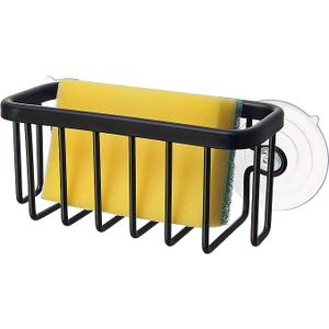 SunnyPoint NeverRust Kitchen & Bathroom Sink Caddy for Sponges, Scrubbers, Soap, 6" x 2.5" x 2.65", with Adhesive Mount - Additional Suction Cup Included –Aluminum (Black)