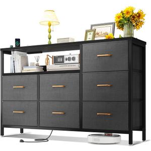 AODK Dresser with Charging Station, 52-Inch Long Dressers for Bedroom with 7 Large Fabric Drawers, TV Stand with Open Shelves for 55-Inch TV, Dark Grey